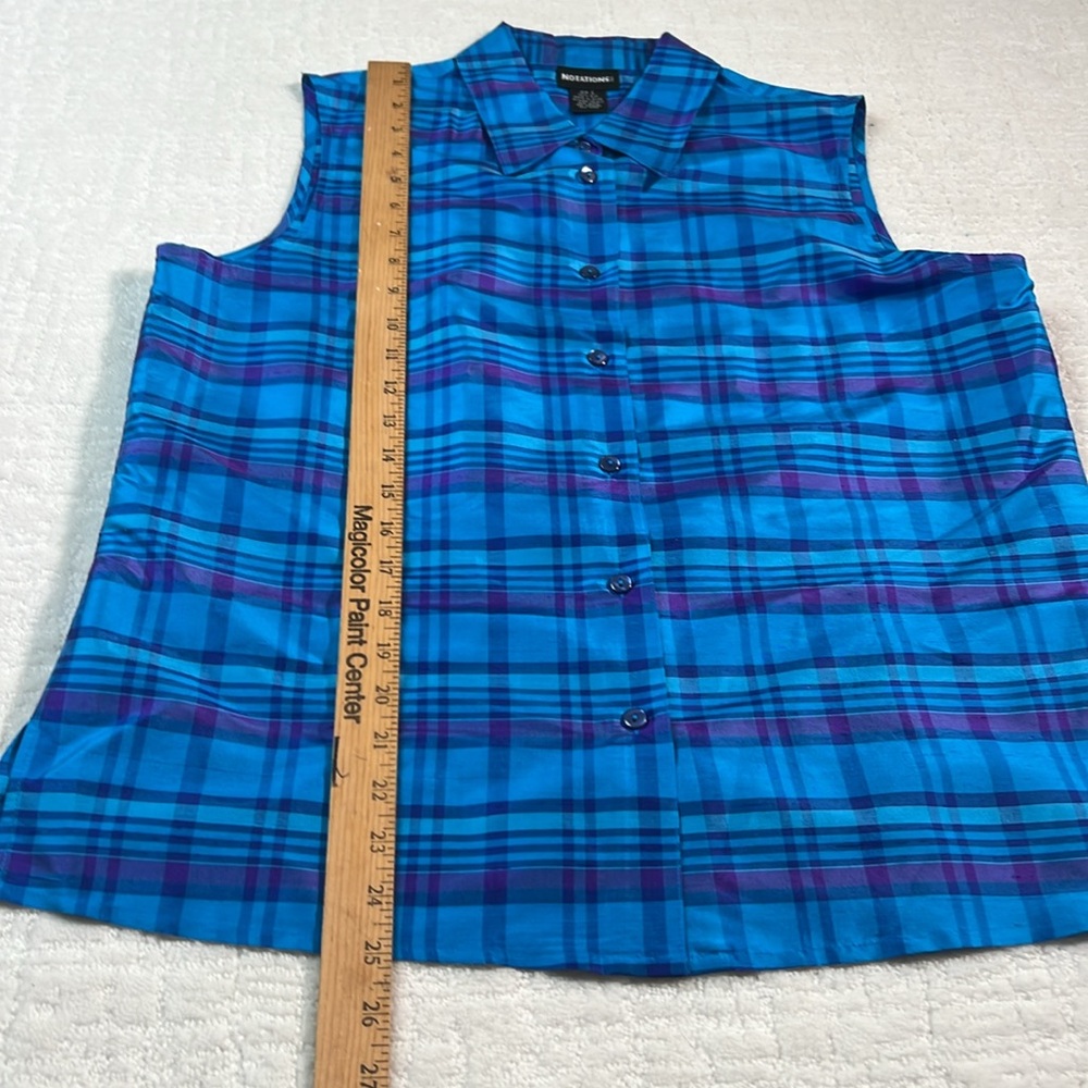 Notations silk blue purple plaid sleeveless collared button down blouse L - Picture 4 of 6